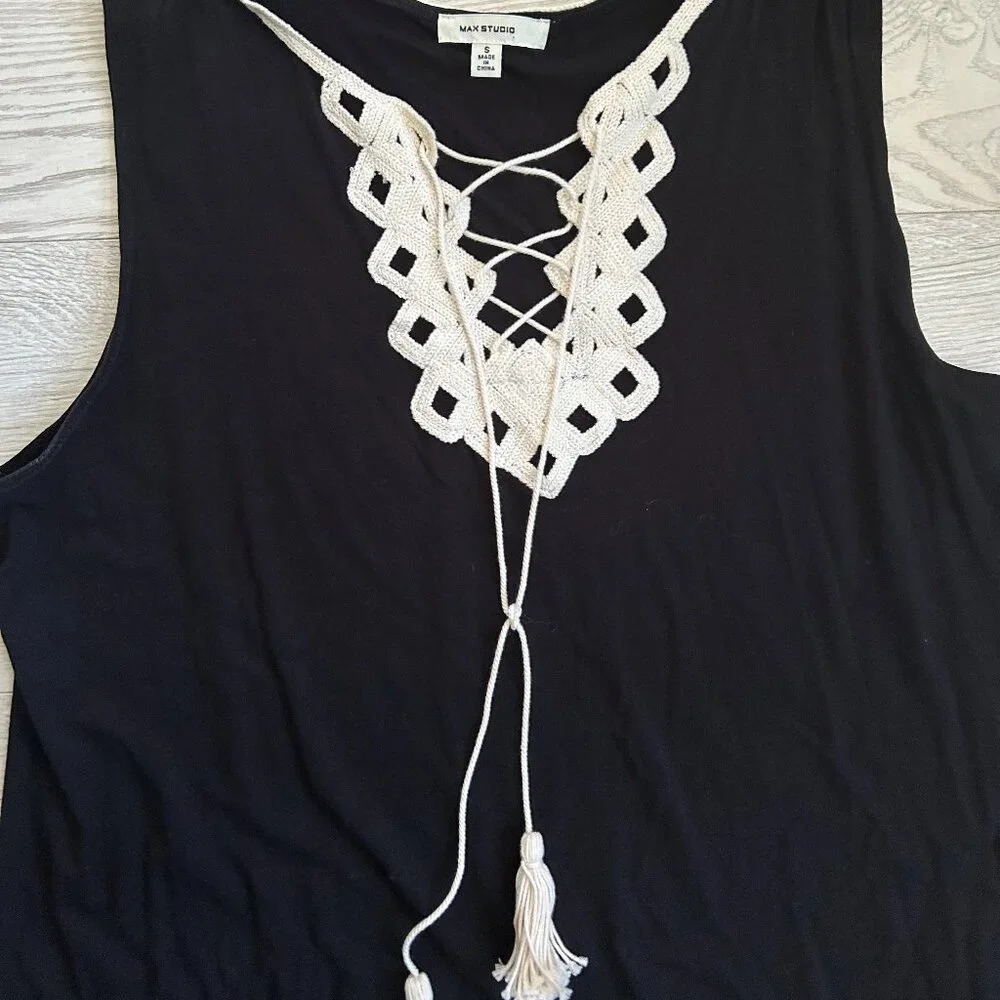 Max Studio Lace-Up Crochet Neck Tassels Sleeveless Dress - Picture 10 of 16